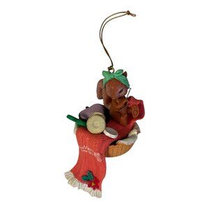 1996 Lustre Fame Christmas Ornament – Squirrel Knitting Scarf in Basket – “Merry